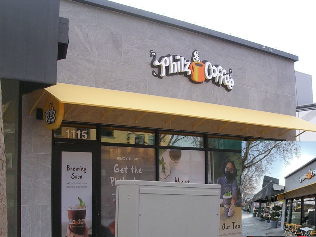 A Philz Coffee storefront is shown with a yellow awning. The shop has large windows and a sign with the company logo.